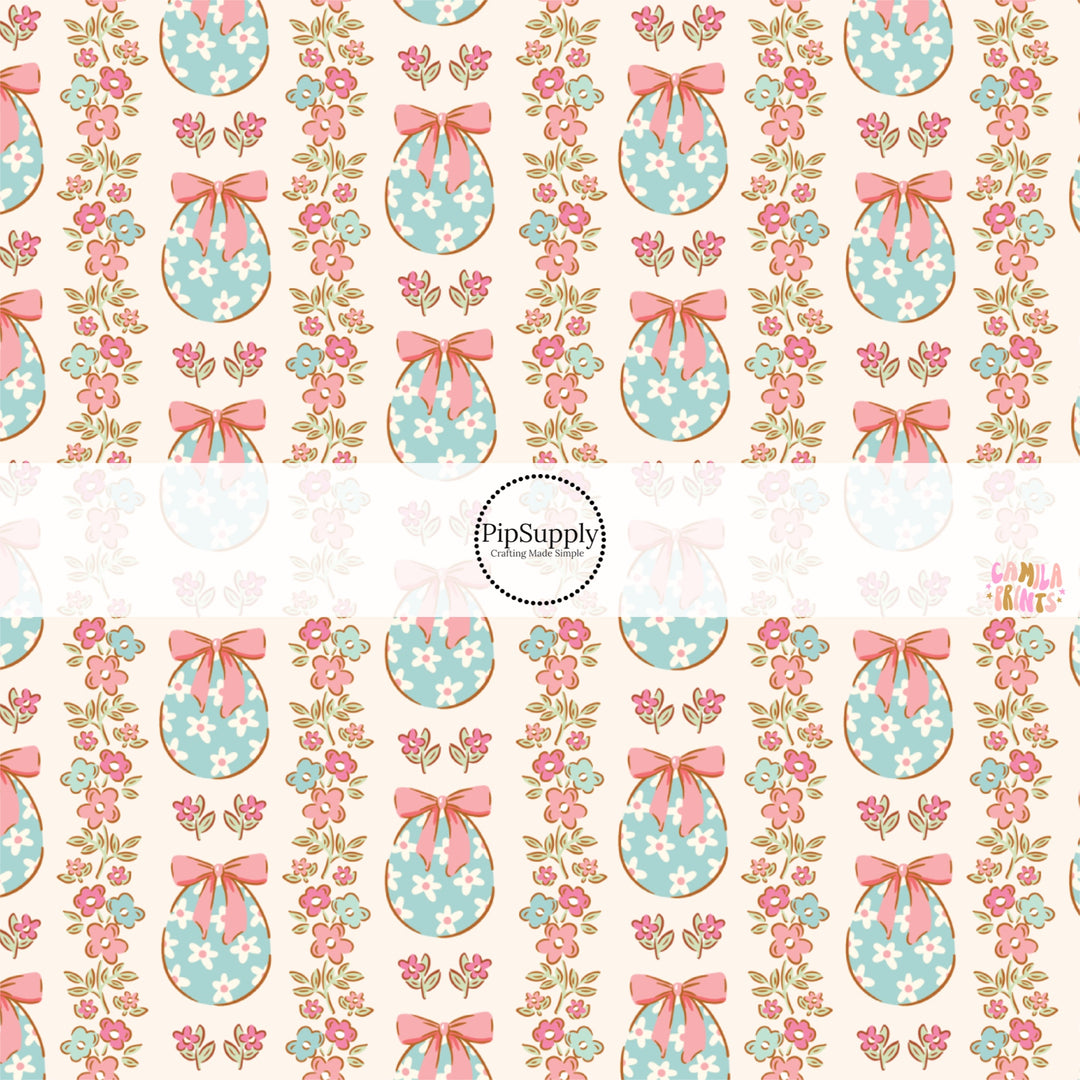 This Easter themed fabric by the yard features floral strips and Easter eggs. This fun pattern fabric can be used for all your sewing and crafting needs!