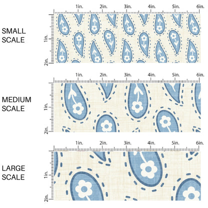 This scale chart of small scale, medium scale, and large scale of this summer fabric by the yard features western blue paisley pattern on cream. This fun summer themed fabric can be used for all your sewing and crafting needs!