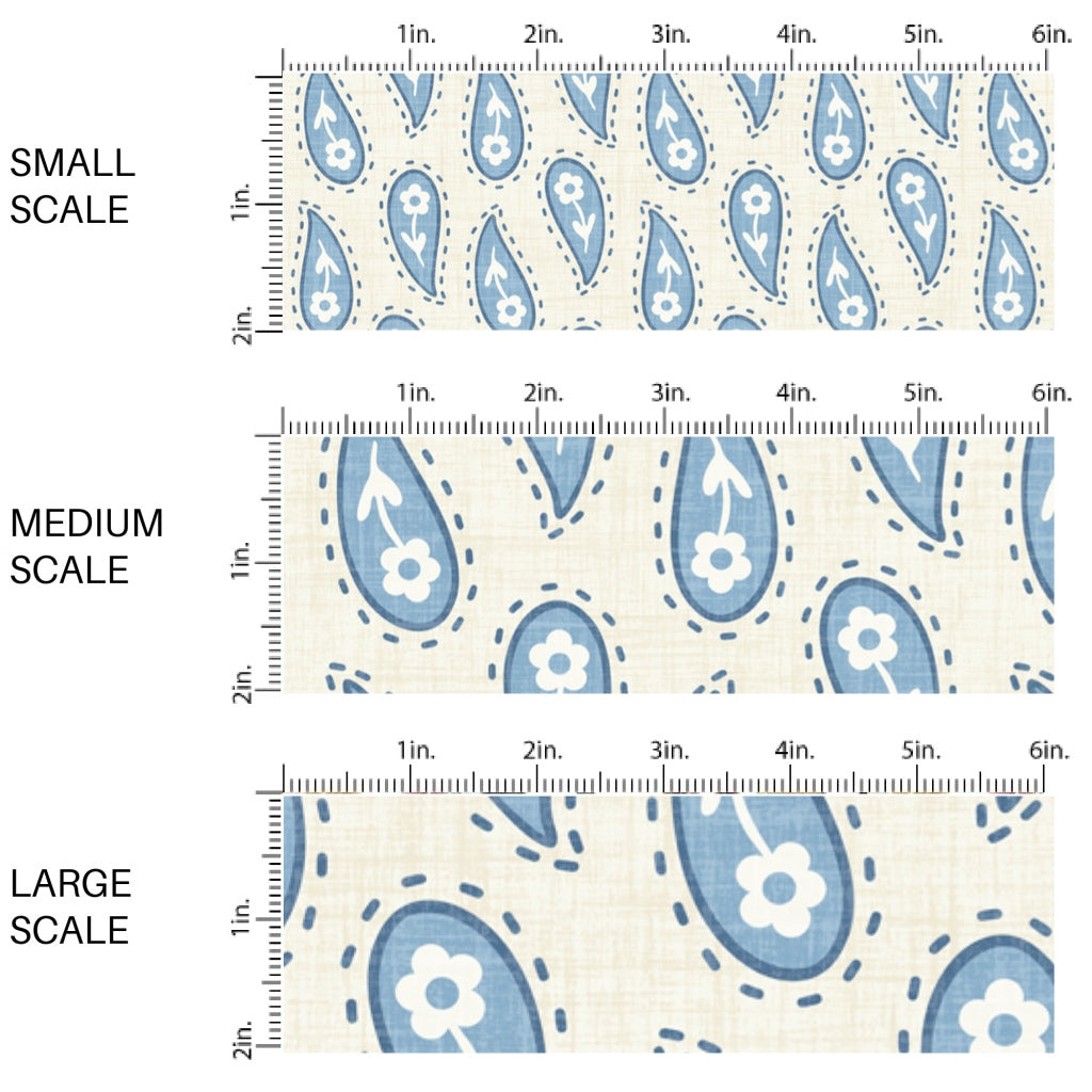 This scale chart of small scale, medium scale, and large scale of this summer fabric by the yard features western blue paisley pattern on cream. This fun summer themed fabric can be used for all your sewing and crafting needs!