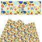 Blue flowers, red apples, friendly animals, and dwarfs on yellow faux leather sheets