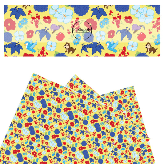 Blue flowers, red apples, friendly animals, and dwarfs on yellow faux leather sheets