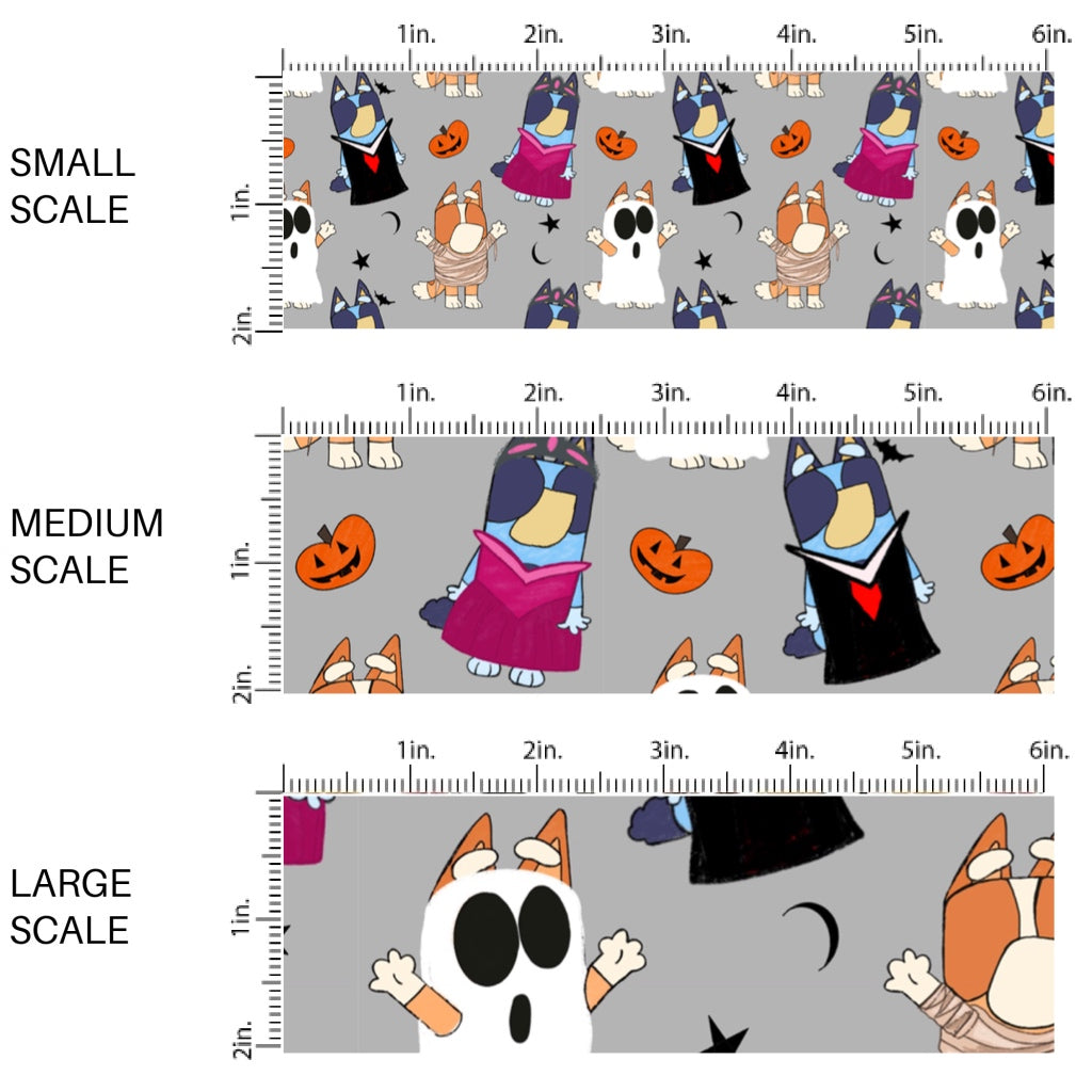 This scale chart of small scale, medium scale, and large scale of these Halloween themed pattern fabric by the yard features the following design elements: dogs in Halloween costumes. This fun spooky themed fabric can be used for all your sewing and crafting needs!