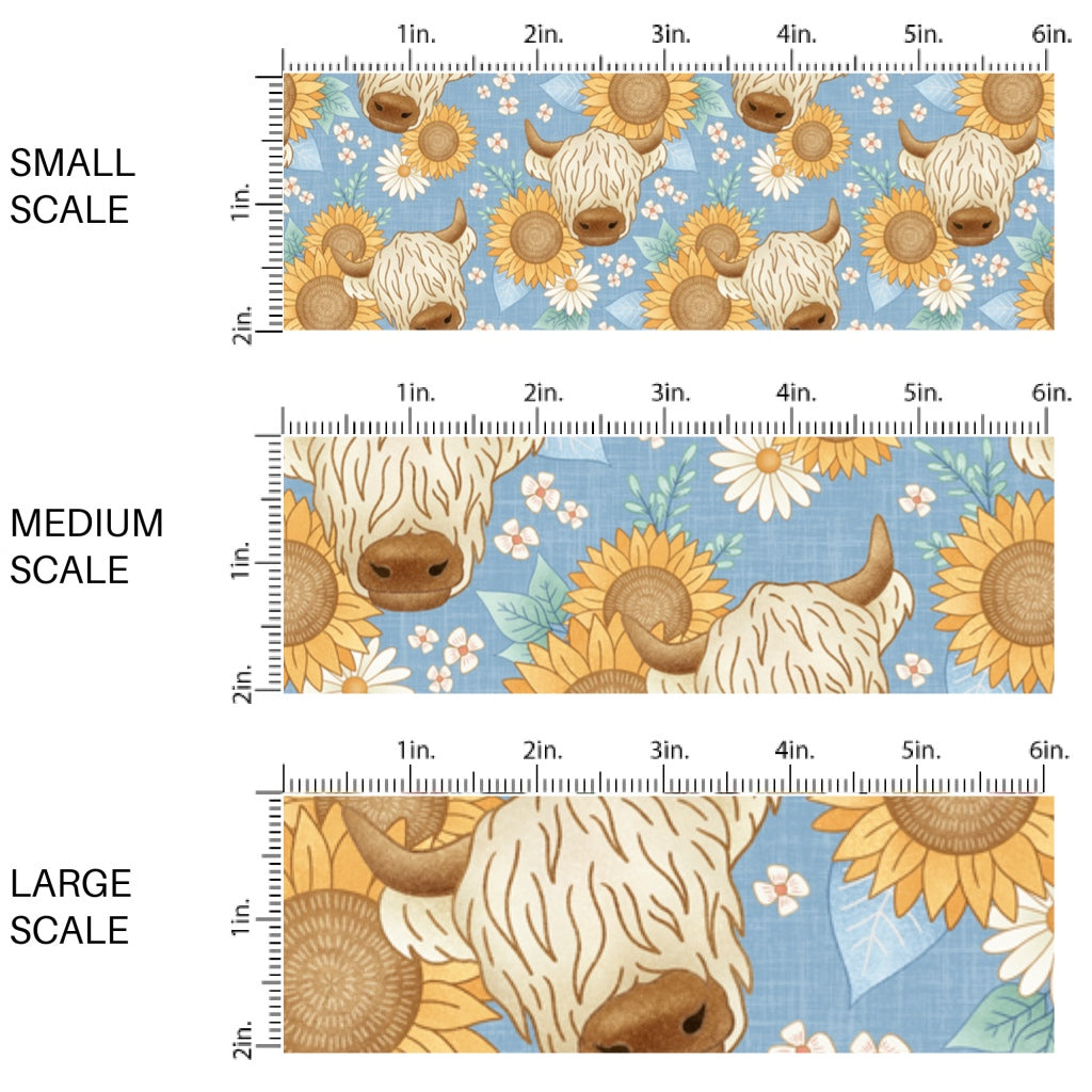 This scale chart of small scale, medium scale, and large scale of this summer fabric by the yard features highland cows and sunflowers. This fun summer themed fabric can be used for all your sewing and crafting needs!