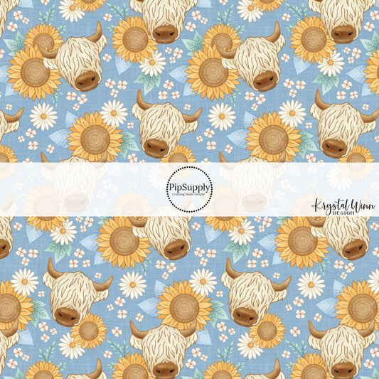 This summer fabric by the yard features highland cows and sunflowers. This fun summer themed fabric can be used for all your sewing and crafting needs!