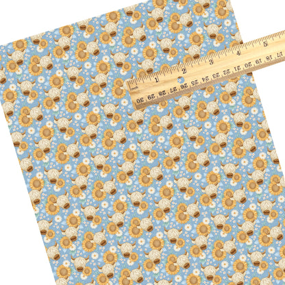 These summer faux leather sheets contain the following design elements: highland cows and sunflowers. Our CPSIA compliant faux leather sheets or rolls can be used for all types of crafting projects.