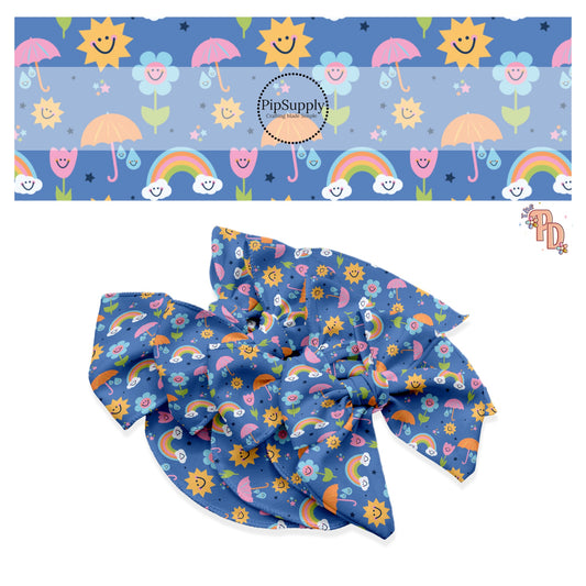 These spring floral pattern themed no sew bow strips can be easily tied and attached to a clip for a finished hair bow. These patterned bow strips are great for personal use or to sell. These bow strips features colorful flowers, rainbows, suns, umbrellas, and smiley faces on blue. 