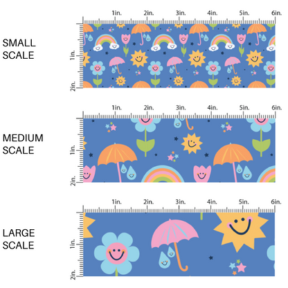 Smiley Face Flowers, Suns, Rainbows, Raindrops and Umbrellas on Blue Fabric by the Yard scaled image guide.