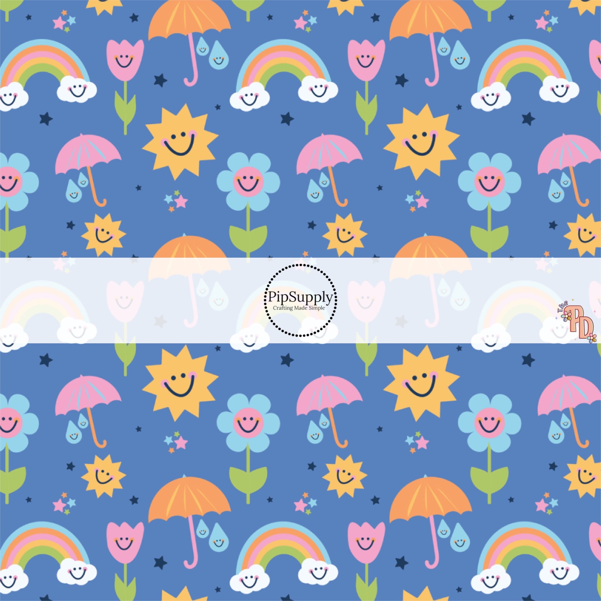 Smiley Face Flowers, Suns, Rainbows, Raindrops and Umbrellas on Blue Fabric by the Yard.