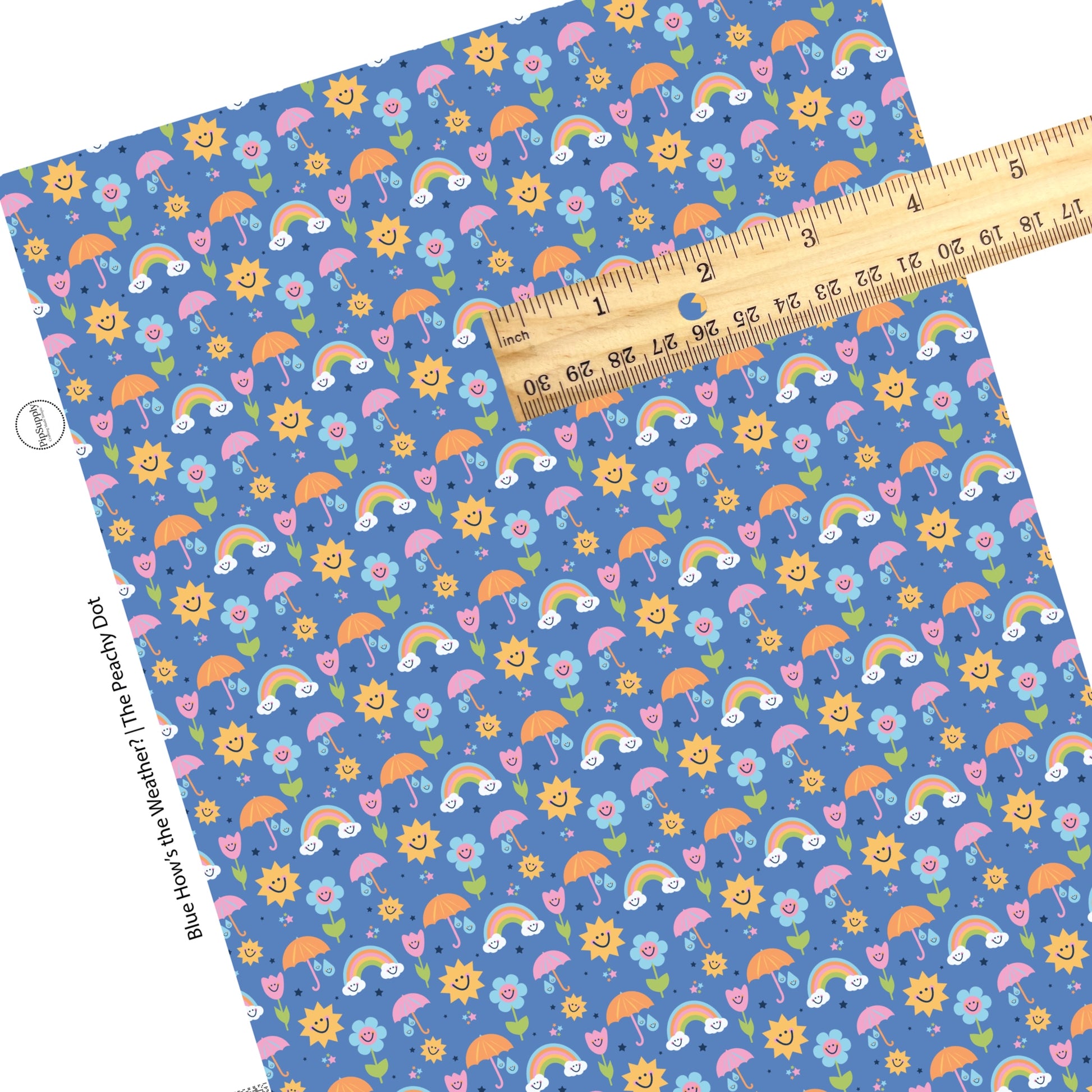 These spring floral pattern themed faux leather sheets contain the following design elements: colorful flowers, rainbows, suns, umbrellas, and smiley faces on blue. Our CPSIA compliant faux leather sheets or rolls can be used for all types of crafting projects.