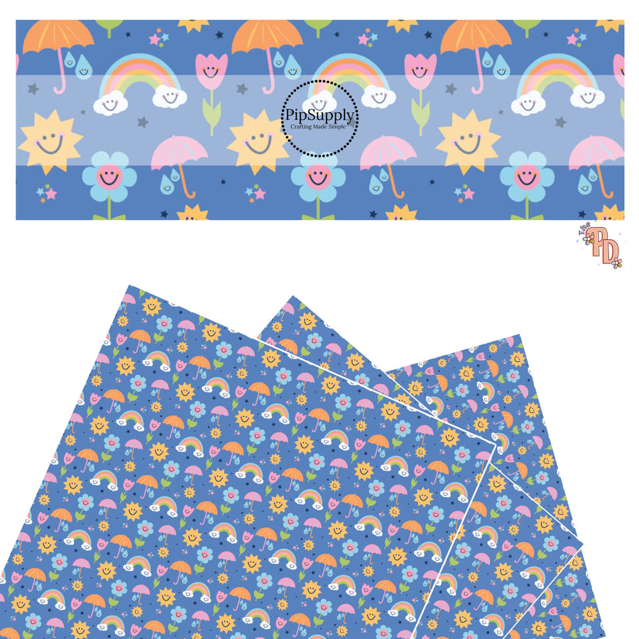 These spring floral pattern themed faux leather sheets contain the following design elements: colorful flowers, rainbows, suns, umbrellas, and smiley faces on blue. Our CPSIA compliant faux leather sheets or rolls can be used for all types of crafting projects.