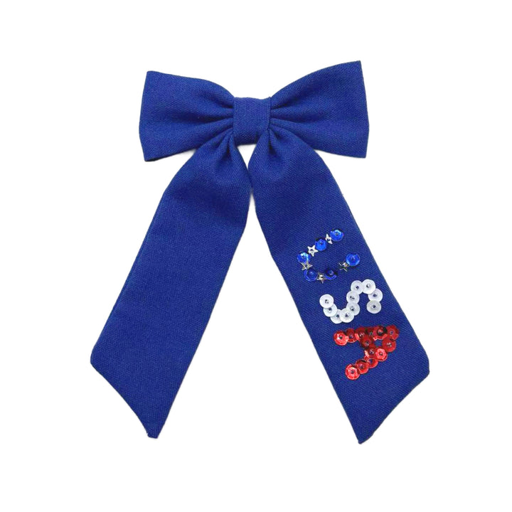 These patriotic linen pre-cut tied bows are ready to package and resell to your customers no sewing or measuring necessary! These hair bows come with a clip already attached. The linen bow has "USA" sequins.