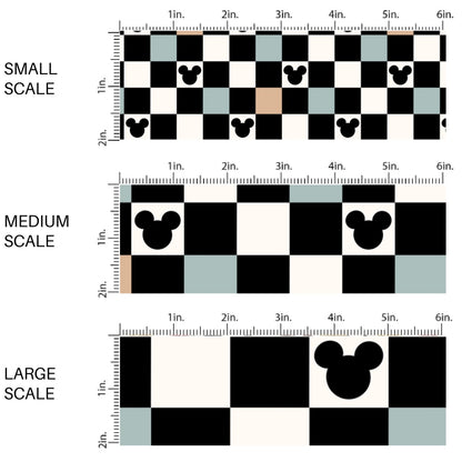 This scale chart of small scale, medium scale, and large scale of this magical inspired fabric by the yard features the following design: blue, black, nude and cream checker pattern with mouse ears. This fun themed fabric can be used for all your sewing and crafting needs!