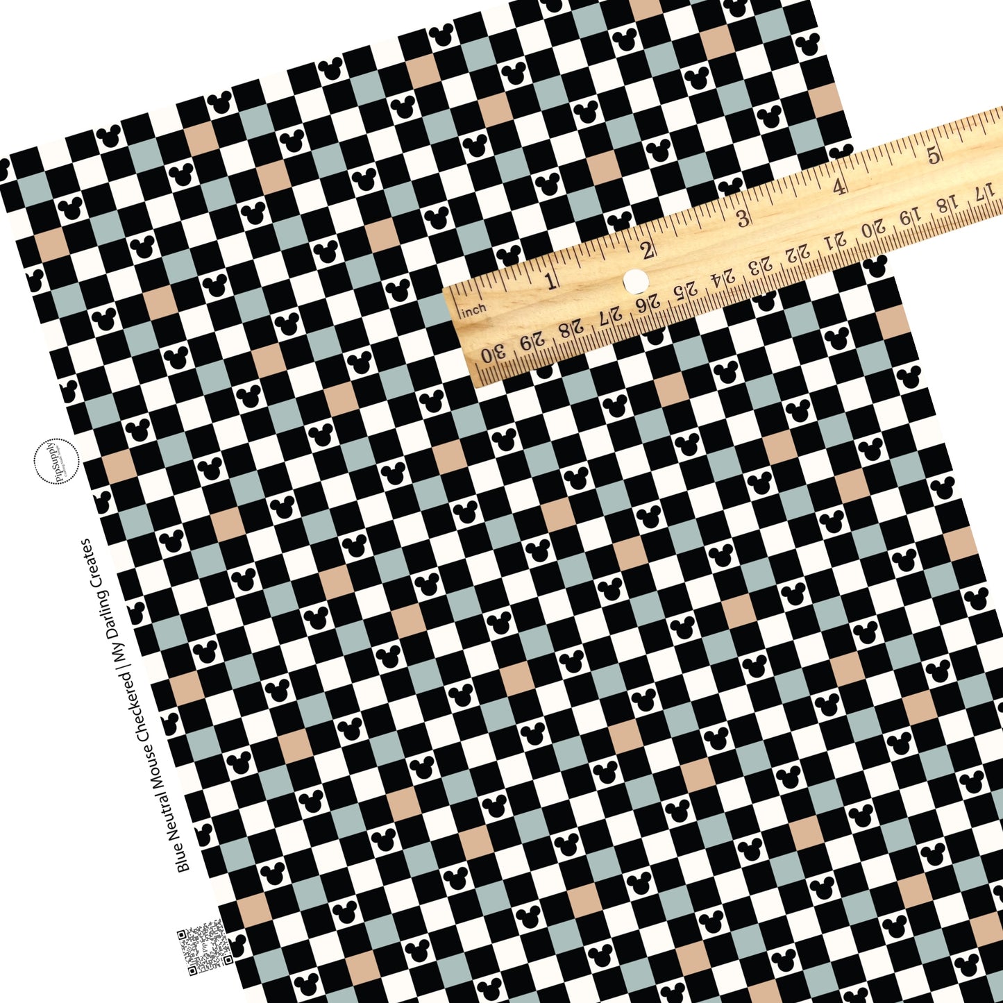 This magical inspired faux leather sheets contain the following design: blue, black, nude and cream checker pattern with mouse ears. Our CPSIA compliant faux leather sheets or rolls can be used for all types of crafting projects.
