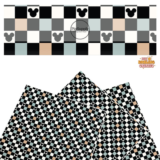 This magical inspired faux leather sheets contain the following design: blue, black, nude and cream checker pattern with mouse ears. Our CPSIA compliant faux leather sheets or rolls can be used for all types of crafting projects.