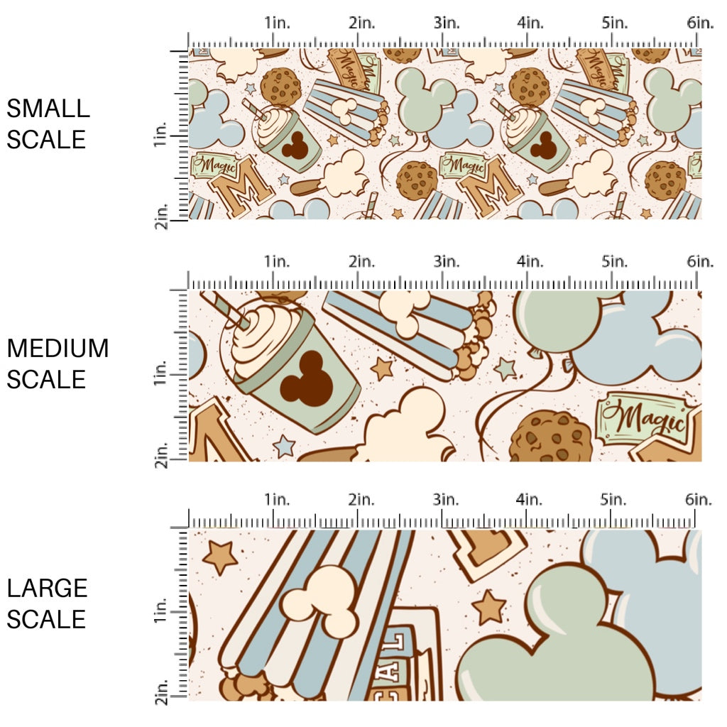 This scale chart of small scale, medium scale, and large scale of this magical adventure inspired fabric by the yard features the following design: treats, popcorn, drinks, and mouse ears on light blue and cream. This fun themed fabric can be used for all your sewing and crafting needs!