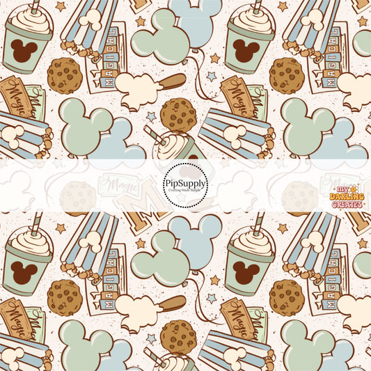 This magical adventure inspired fabric by the yard features the following design: treats, popcorn, drinks, and mouse ears on light blue and cream. This fun themed fabric can be used for all your sewing and crafting needs!