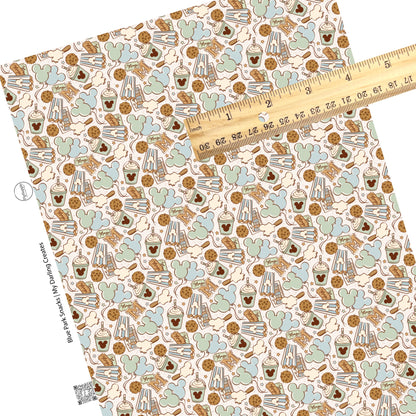 This magical adventure inspired faux leather sheets contain the following design: treats, popcorn, drinks, and mouse ears on light blue and cream. Our CPSIA compliant faux leather sheets or rolls can be used for all types of crafting projects.