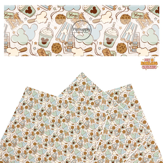 This magical adventure inspired faux leather sheets contain the following design: treats, popcorn, drinks, and mouse ears on light blue and cream. Our CPSIA compliant faux leather sheets or rolls can be used for all types of crafting projects.