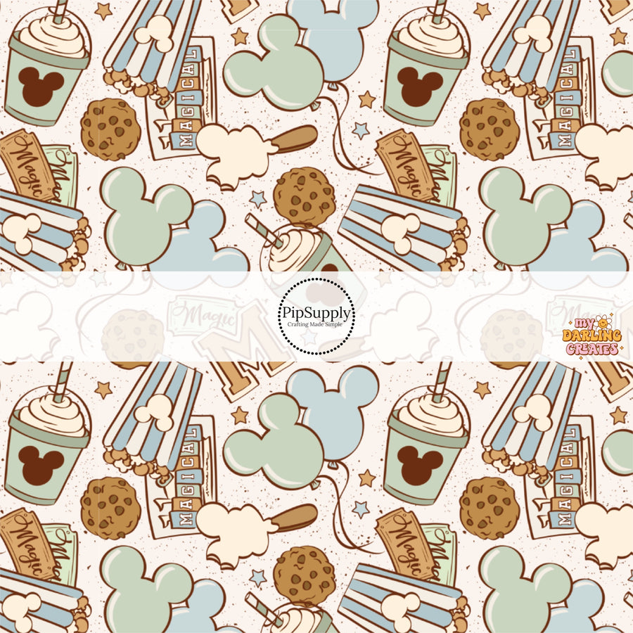 These magical adventure inspired themed no sew bow strips can be easily tied and attached to a clip for a finished hair bow. These fun themed patterned bow strips are great for personal use or to sell. These bow strips feature the following treats, popcorn, drinks, and mouse ears on light blue and cream.