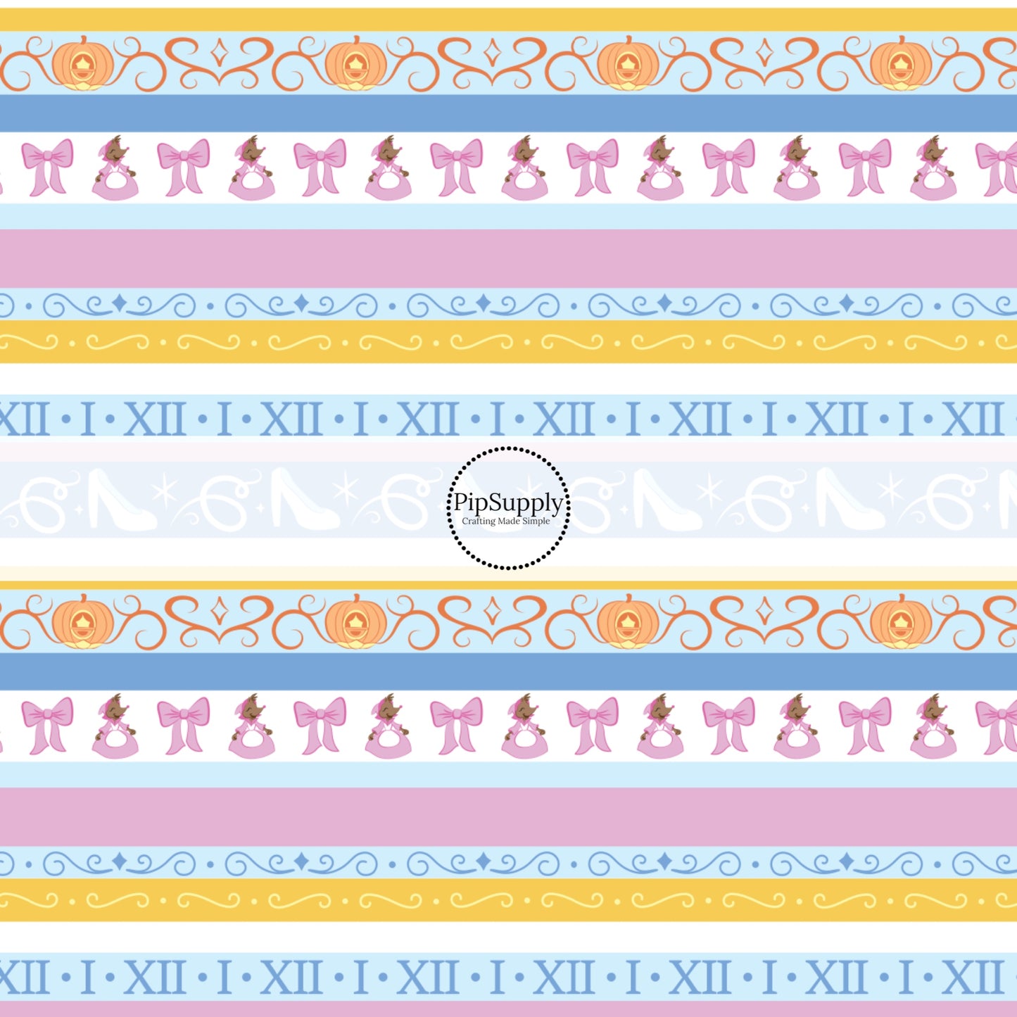 Pumpkin carriage, glass slipper, mouse maid, and swirls on blue and pink stripes hair bow strips
