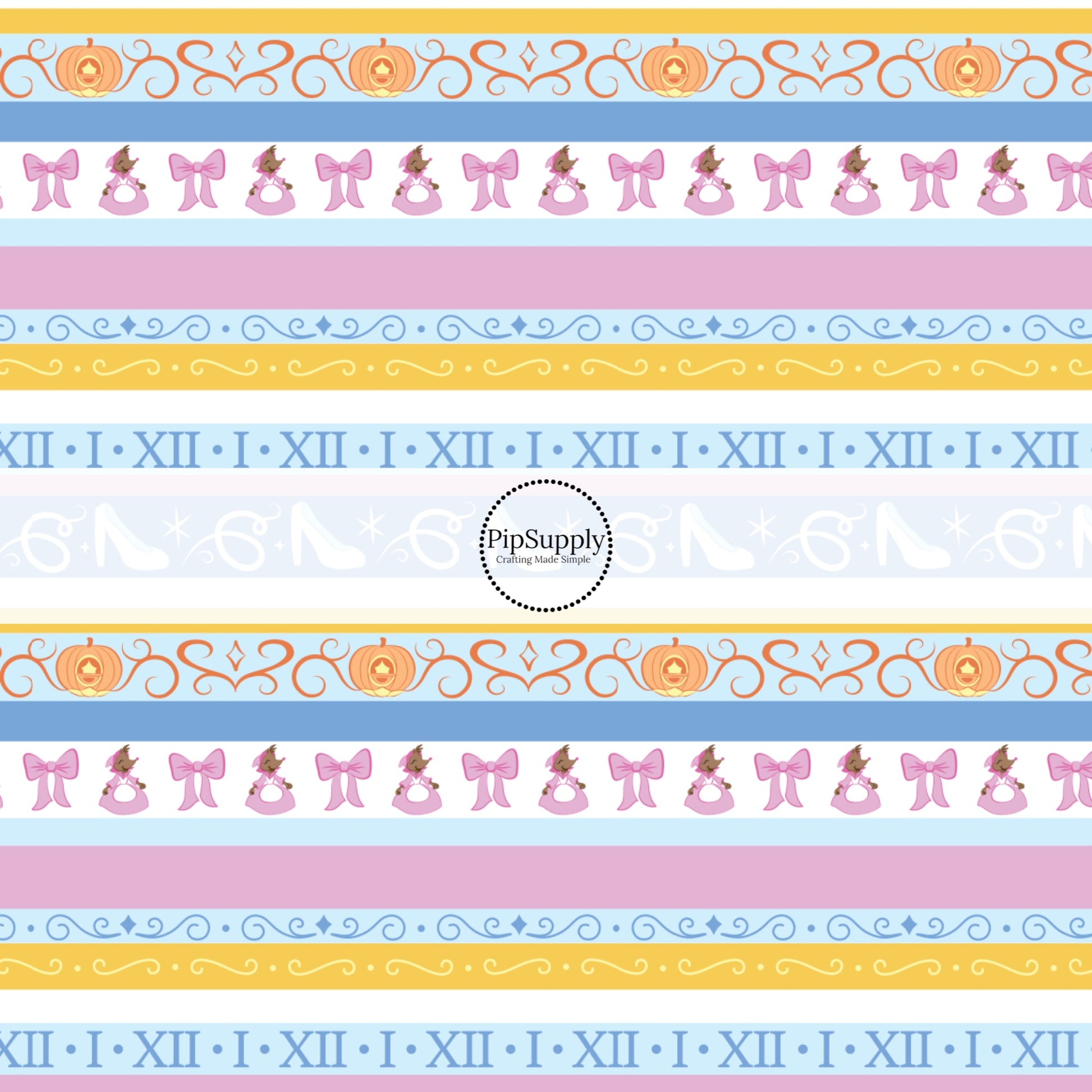 Pumpkin carriage, glass slipper, mouse maid, and swirls on blue and pink stripes hair bow strips