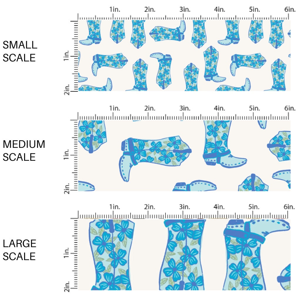 This scale chart of small scale, medium scale, and large scale of this summer fabric by the yard feature blue rosette cowgirl boots. This fun summer western themed fabric can be used for all your sewing and crafting needs!