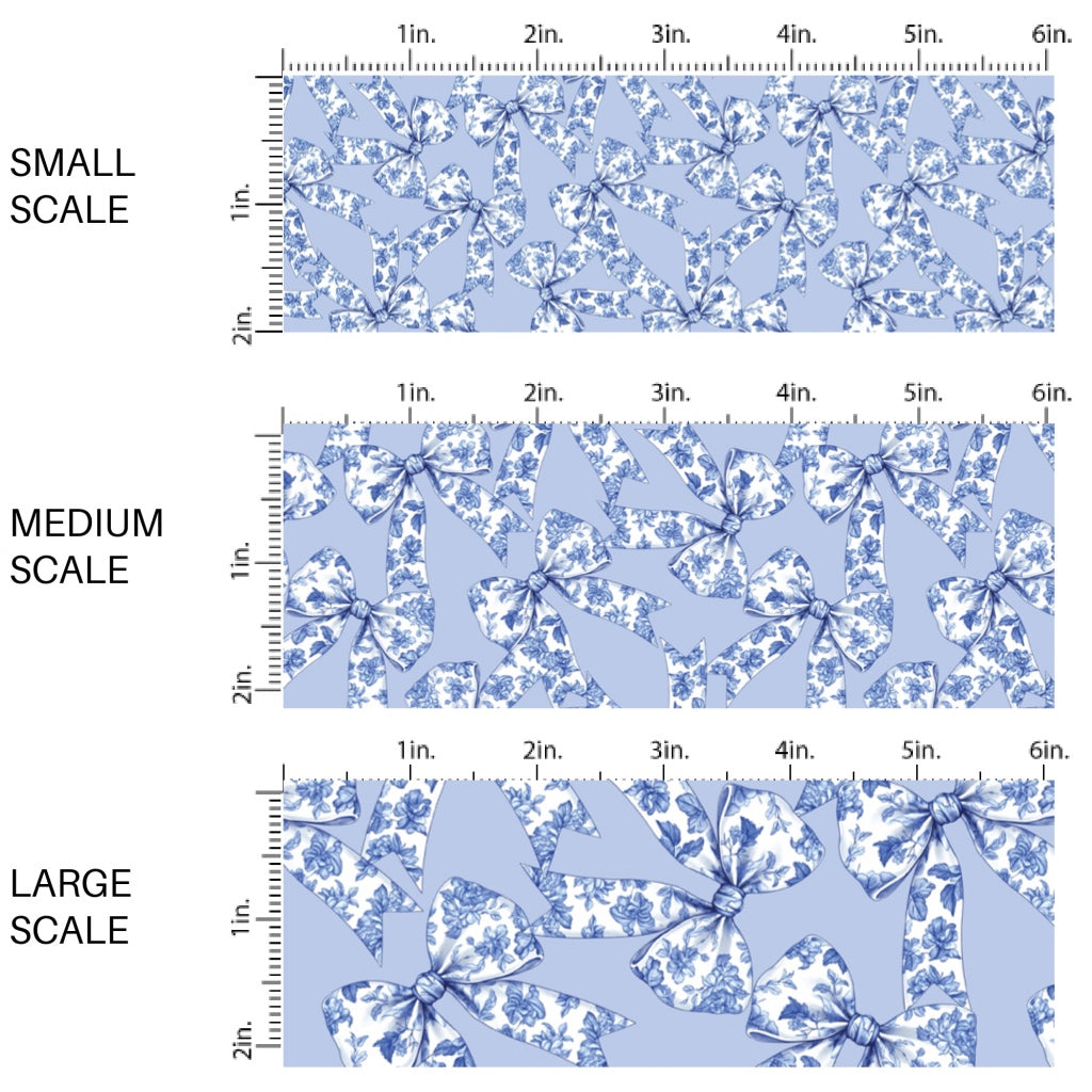 This spring floral themed fabric by the yard features blue bows with floral pattern. This fun pattern fabric can be used for all your sewing and crafting needs!