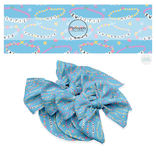 These spring themed no sew bow strips can be easily tied and attached to a clip for a finished hair bow. These patterned bow strips are great for personal use or to sell. These bow strips features friendship bracelets on blue.
