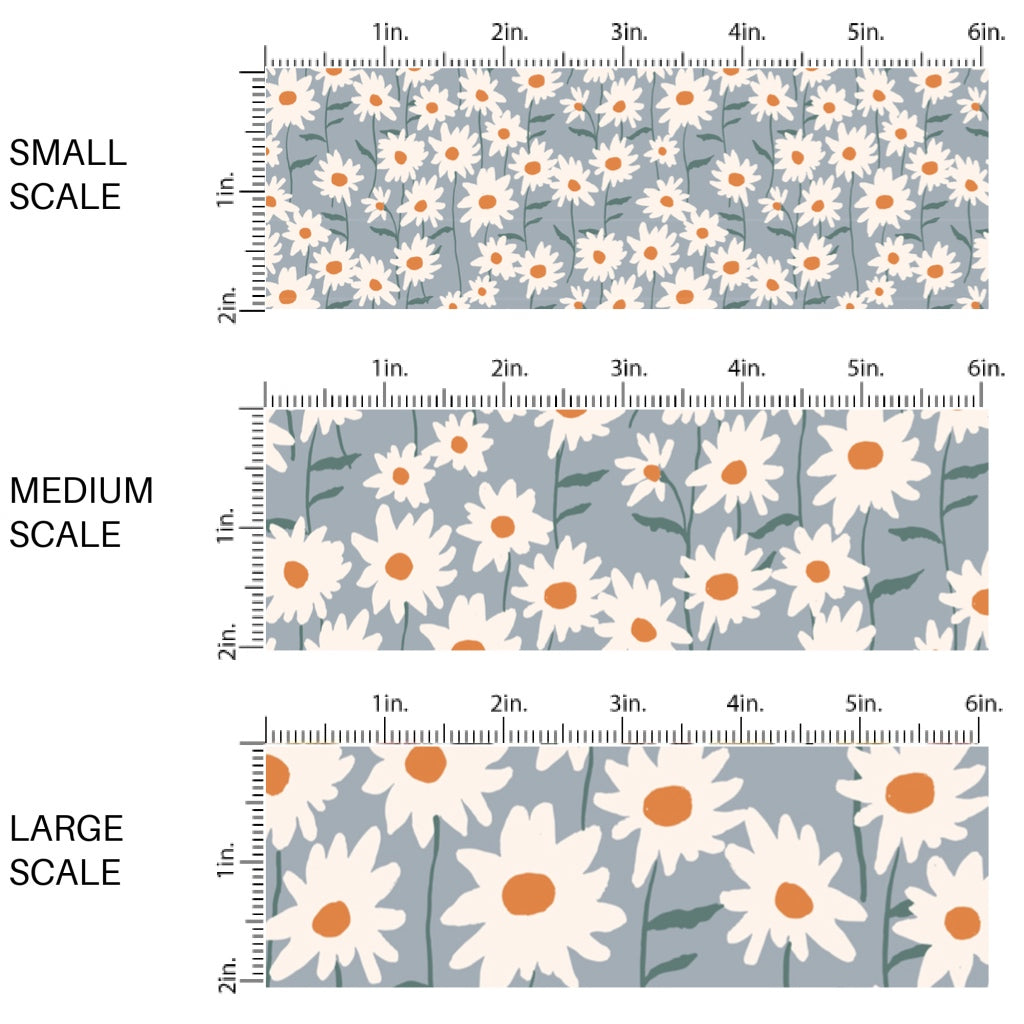 This scale chart of small scale, medium scale, and large scale of this summer fabric by the yard features cream daisy flowers on light blue. This fun summer themed fabric can be used for all your sewing and crafting needs!