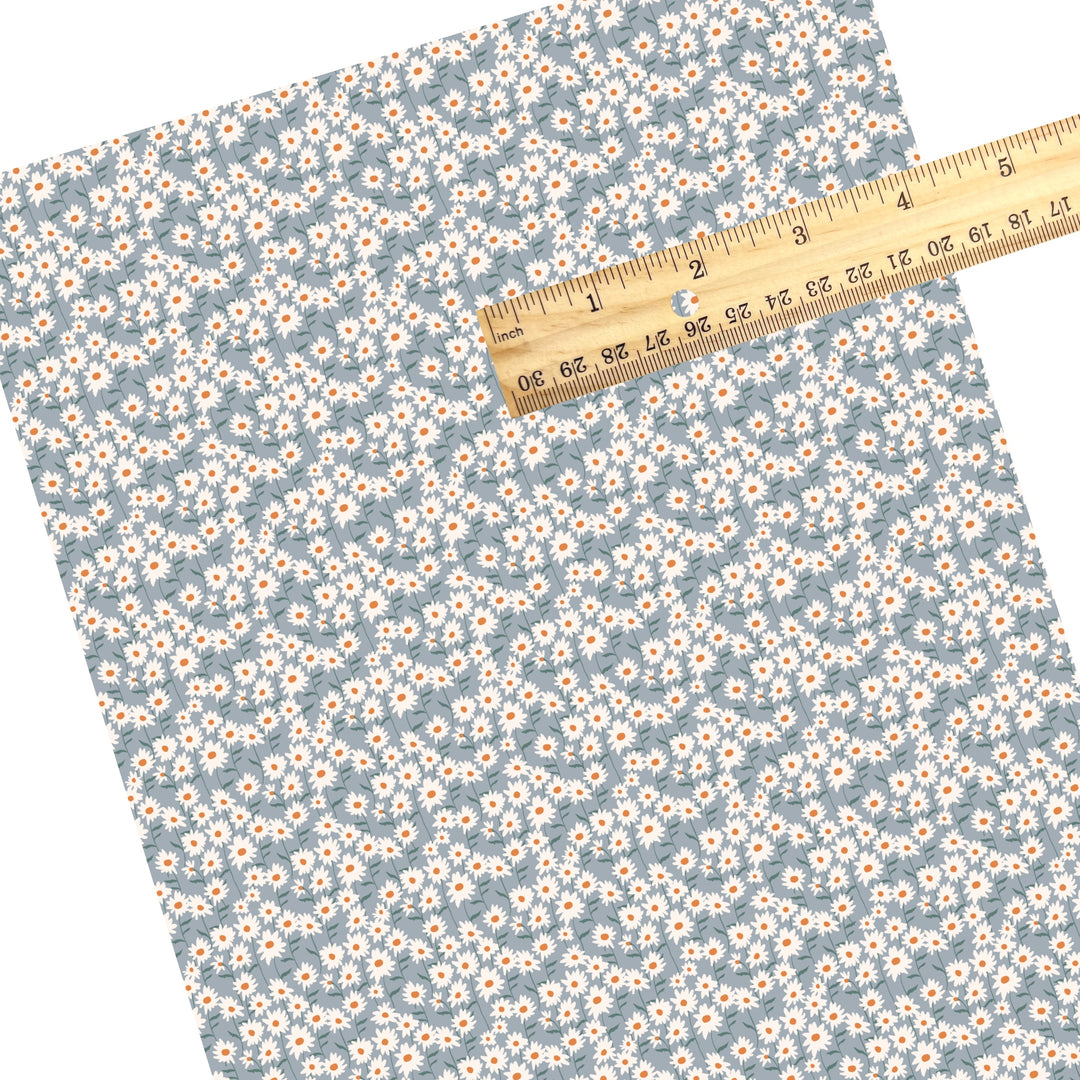 These summer faux leather sheets contain the following design elements: cream daisy flowers on light blue. Our CPSIA compliant faux leather sheets or rolls can be used for all types of crafting projects.