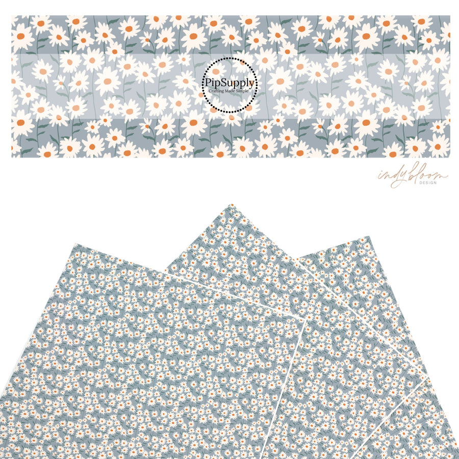 These summer faux leather sheets contain the following design elements: cream daisy flowers on light blue. Our CPSIA compliant faux leather sheets or rolls can be used for all types of crafting projects.