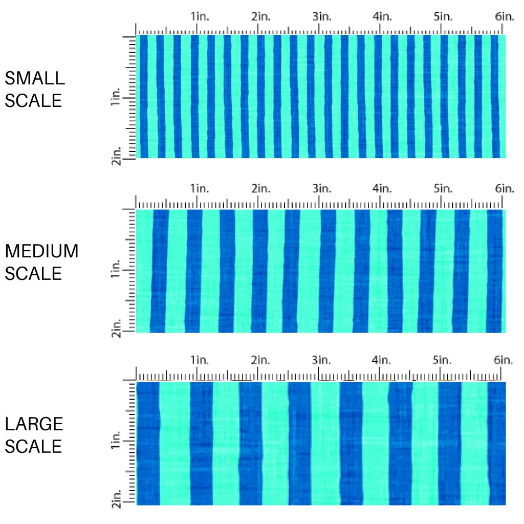 This scale chart of small scale, medium scale, and large scale of this summer fabric by the yard features bright blue stripes. This fun summer themed fabric can be used for all your sewing and crafting needs!