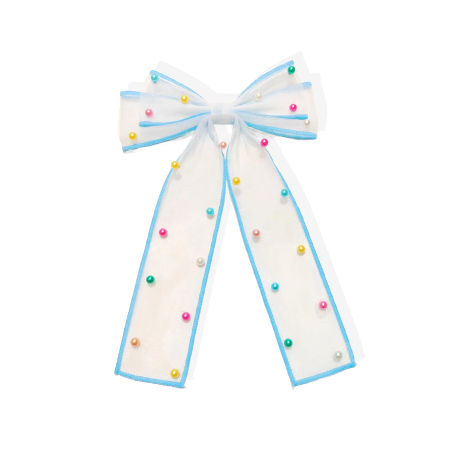 These spring tulle pearl long tail pre-cut tied bows are ready to package and resell to your customers no sewing or measuring necessary! These hair bows come with a alligator clip already attached.