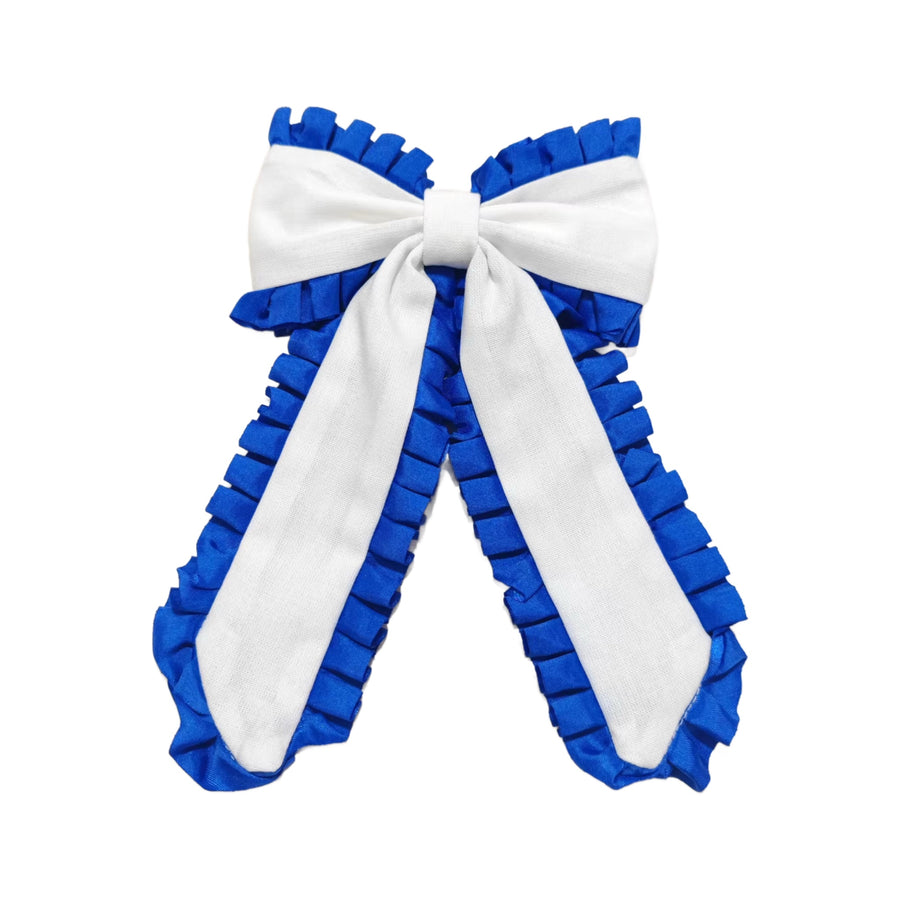 These patriotic ribbon edge long tail pre-cut tied bows are ready to package and resell to your customers no sewing or measuring necessary! These hair bows come with a clip already attached.