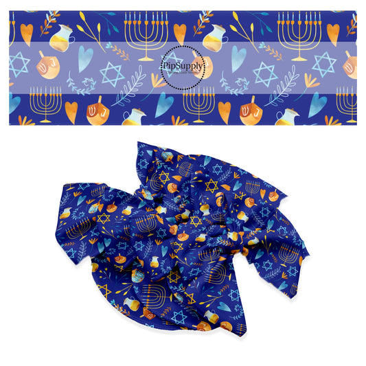 Drinks, candle sticks, hearts, and leaves on blue Hanukkah hair bow strips