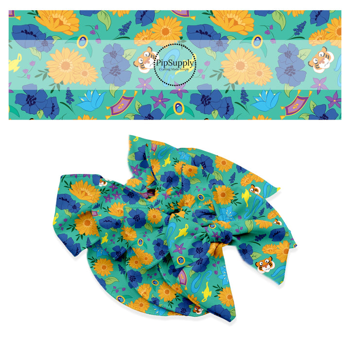 Magic carpet, magic oil lamp, tiger, and flowers on green hair bow strips 