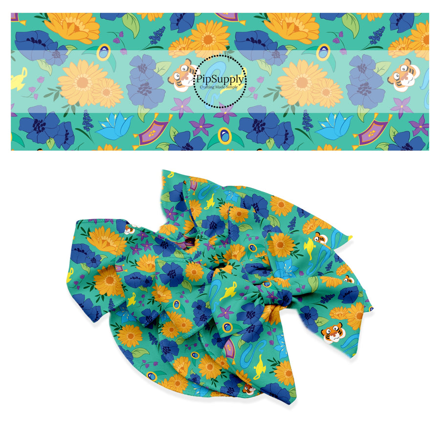 Magic carpet, magic oil lamp, tiger, and flowers on green hair bow strips 