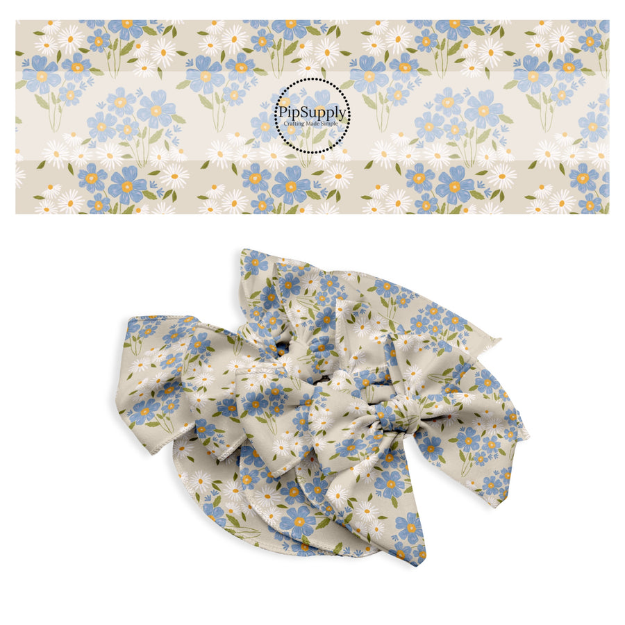 These spring no sew bow strips can be easily tied and attached to a clip for a finished hair bow. These bow strips are great for personal use or to sell. These bow strips feature the following design elements: spring bluebells and daisies.