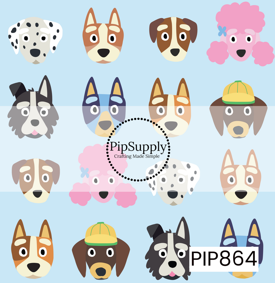 This playful dog-themed design features a collection of adorable cartoon dog faces on a soft sky-blue background. The repeating pattern includes a variety of lovable pups, such as a Dalmatian, poodle, border collie, hound, each illustrated with expressive eyes and charming details. Some pups sport fun accessories like a bow or cap, adding extra personality and whimsy. With its cheerful colors and friendly canine characters, this design is perfect for dog lovers, pet-themed accessor