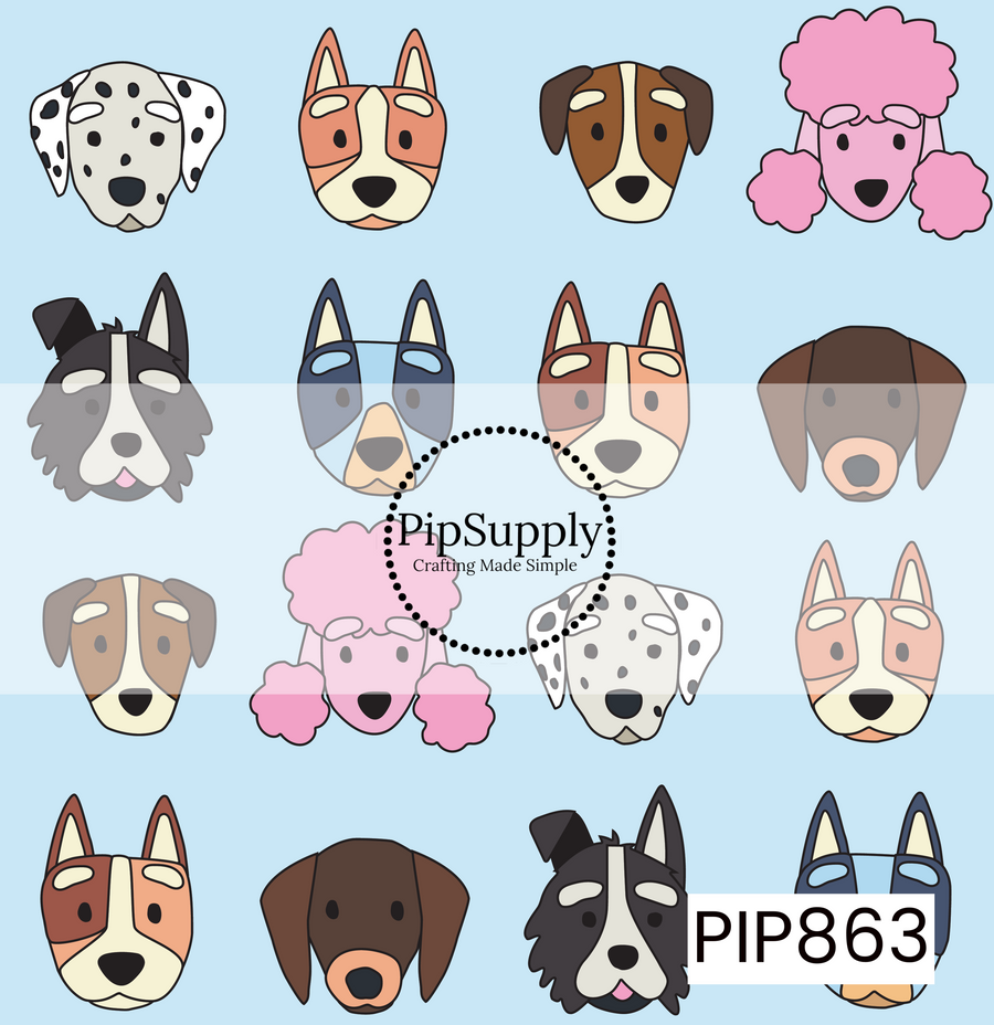 This playful dog-themed design features a variety of adorable cartoon dog faces arranged on a soft sky-blue background. The repeating pattern includes beloved breeds such as a Dalmatian, poodle, shepherd, hound, border collie,  each illustrated with simple lines, sweet expressions, and charming details. The cheerful blue backdrop adds a fresh, bright feel, making this design perfect for pet lovers, children's accessories, dog-themed gifts, and fun everyday creations. 
