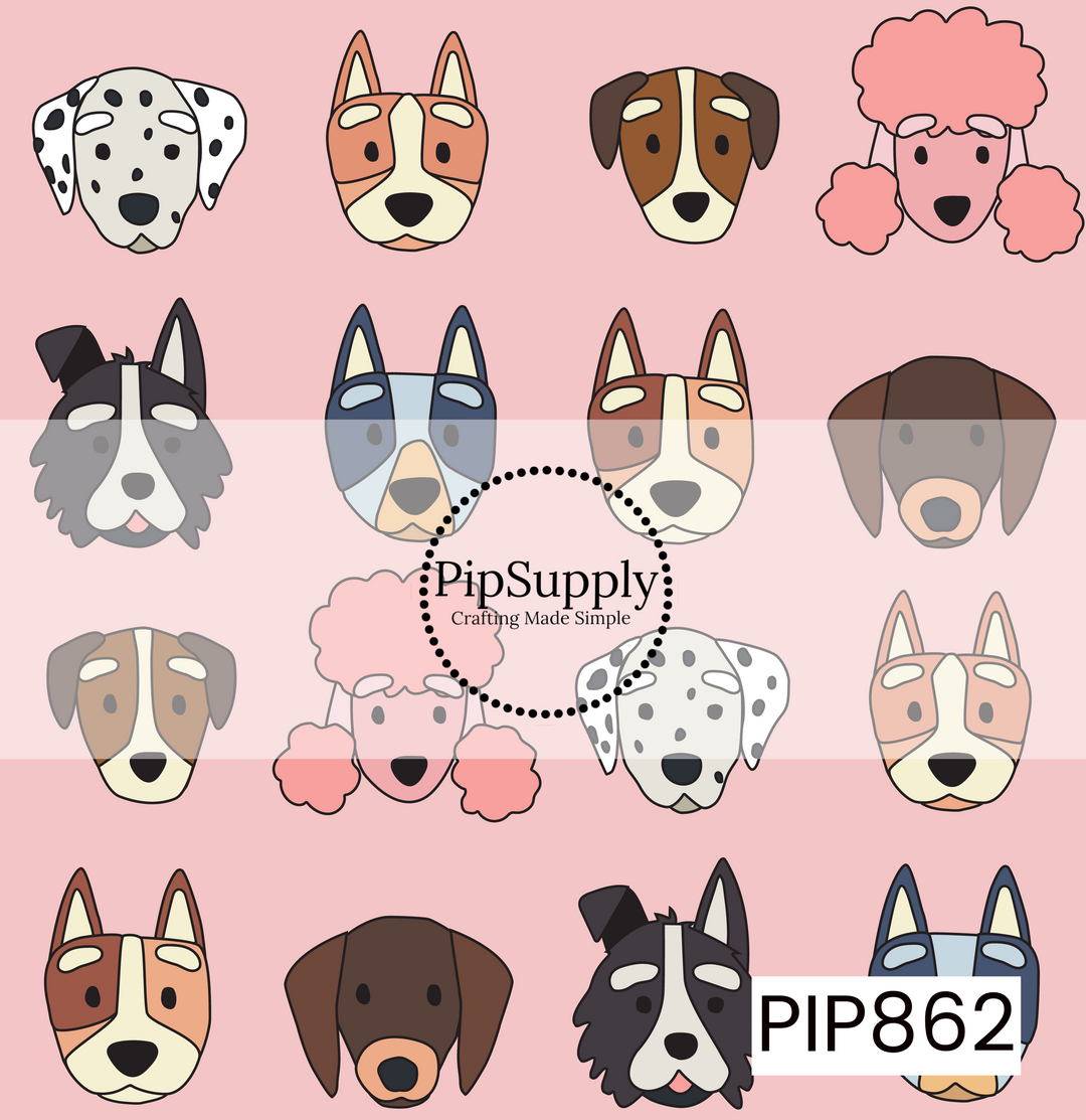 This playful dog-themed design features an assortment of adorable cartoon dog faces on a soft blush pink background. The repeating pattern showcases a variety of beloved breeds, including a Dalmatian, poodle, shepherd, hound, border collie, each illustrated in a cute, minimalist style. With warm neutral tones, sweet expressions, and a cheerful layout, this design is perfect for dog lovers, pet-themed accessories, children's items, and playful everyday creations. 🐾💕
