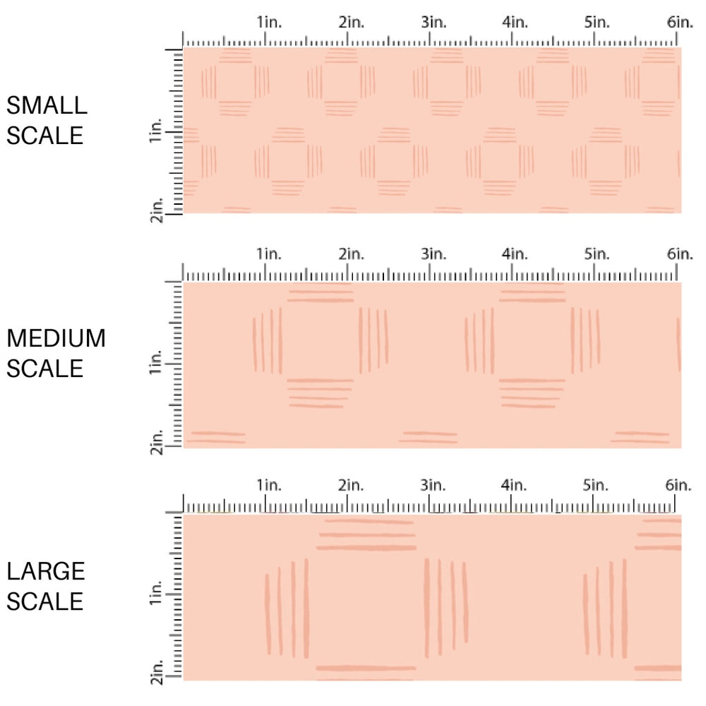 This scale chart of small scale, medium scale, and large scale of this summer fabric by the yard features squares on blush. This fun summer themed fabric can be used for all your sewing and crafting needs.