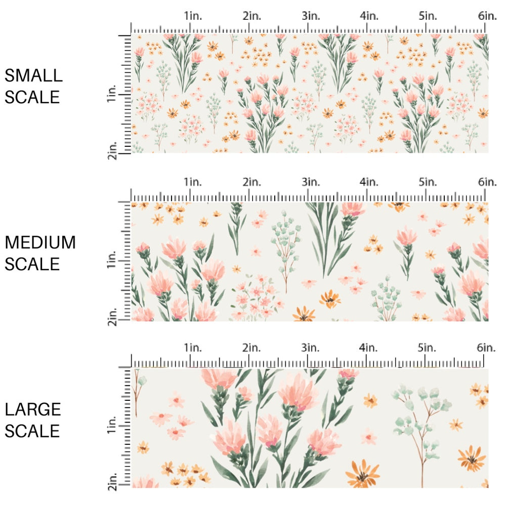 This scale chart of small scale, medium scale, and large scale of this summer fabric by the yard features blush wildflowers on cream. This fun summer themed fabric can be used for all your sewing and crafting needs!