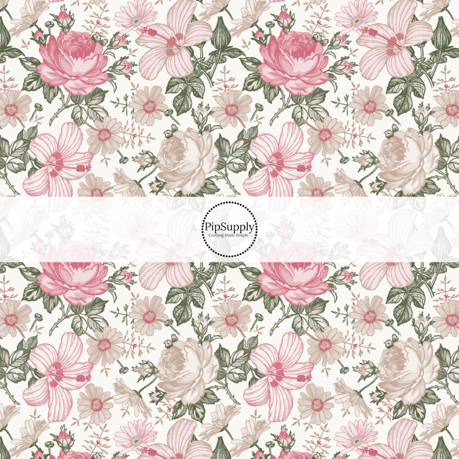 These spring floral fabric by the yard features cream and pink floral pattern. This fun pattern fabric can be used for all your sewing and crafting needs!