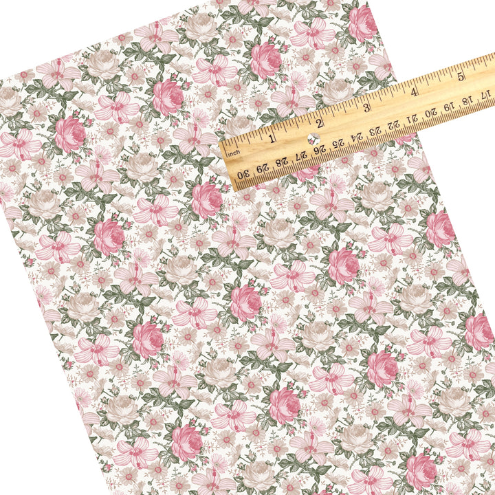 These spring floral faux leather sheets contain the following design elements: cream and pink floral pattern. Our CPSIA compliant faux leather sheets or rolls can be used for all types of crafting projects.