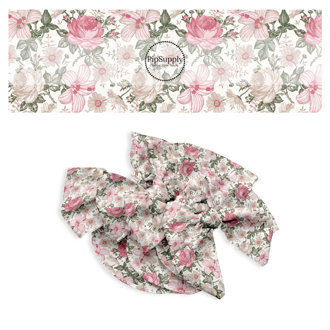 These spring floral no sew bow strips can be easily tied and attached to a clip for a finished hair bow. These bow strips are great for personal use or to sell. These bow strips feature the following design elements: cream and pink floral pattern.