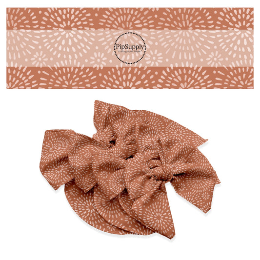 These spring pattern themed no sew bow strips can be easily tied and attached to a clip for a finished hair bow. These patterned bow strips are great for personal use or to sell. These bow strips features bohemian circles on copper.