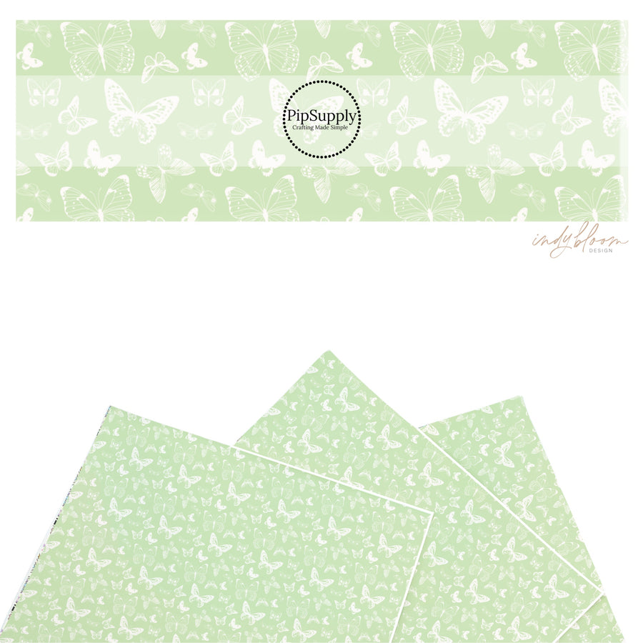 These spring themed faux leather sheets contain the following design elements: boho butterflies on mint. Our CPSIA compliant faux leather sheets or rolls can be used for all types of crafting projects.