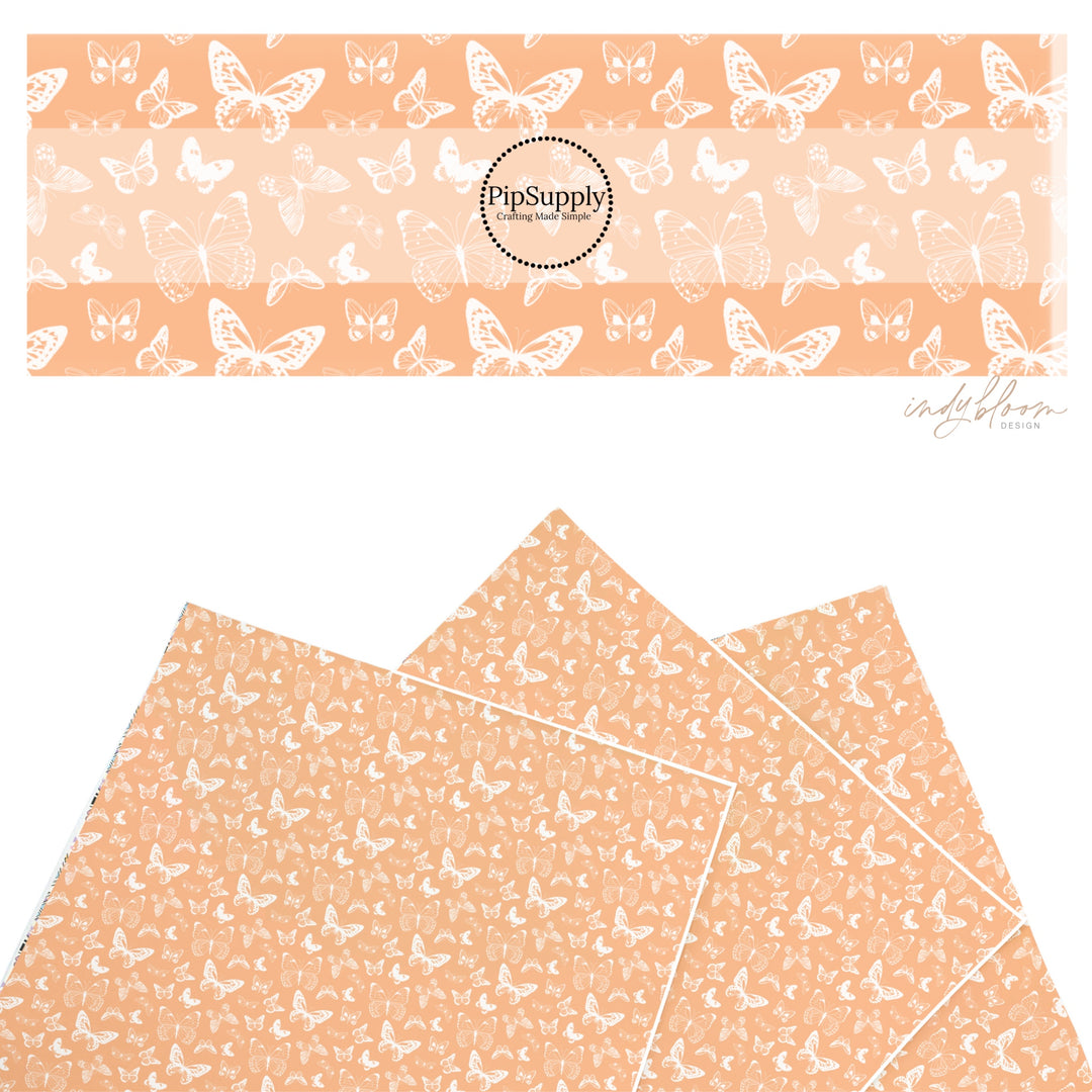 These spring themed faux leather sheets contain the following design elements: boho butterflies on peach. Our CPSIA compliant faux leather sheets or rolls can be used for all types of crafting projects.