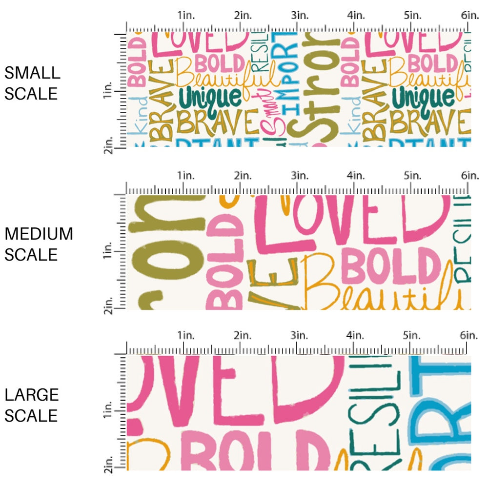 This scale chart of small scale, medium scale, and large scale of these school themed fabric by the yard features colorful affirmation sayings on cream. This fun themed fabric can be used for all your sewing and crafting needs!